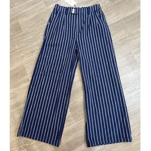LOVE TREE Women's Navy White Stripe Wide Leg Linen Blend Pants Size M